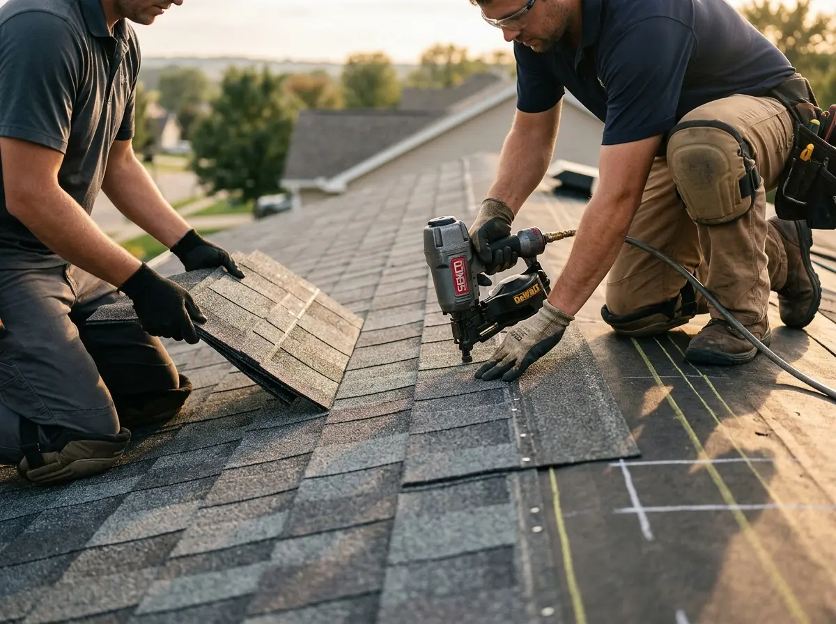 Professional roofer working on a residential roof in Stayton